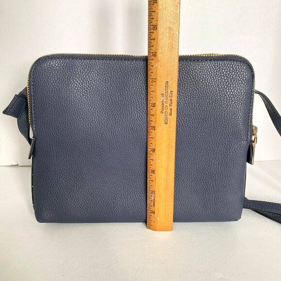 Navy Blue Pleather Crossbody Purse Multi Section Adj Strap Gold Tone Zippers - Picture 13 of 14